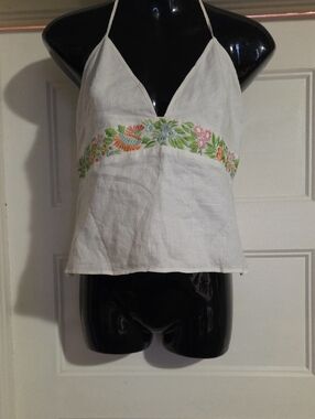French Connection White Halter Camisole with Multicolor Floral Embroidery